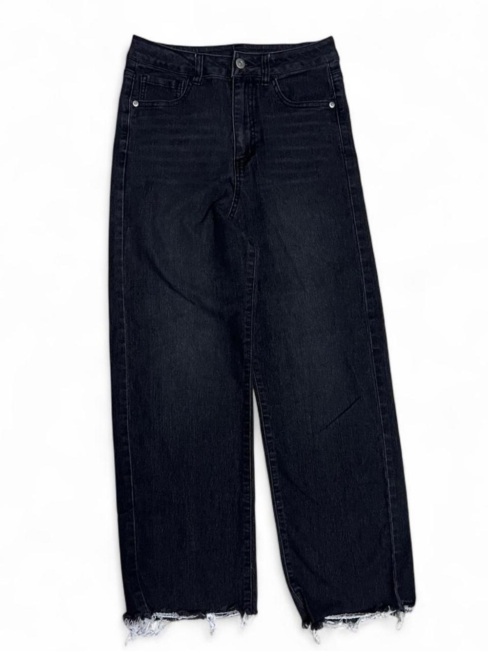 Women Black Straight Jeans with Frayed Hem